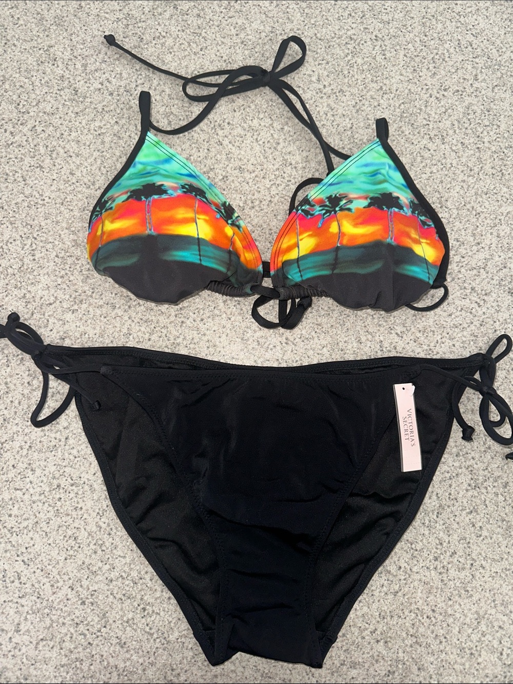NWT Victoria's Secret Black Bikini with Sunset Palm Print Top